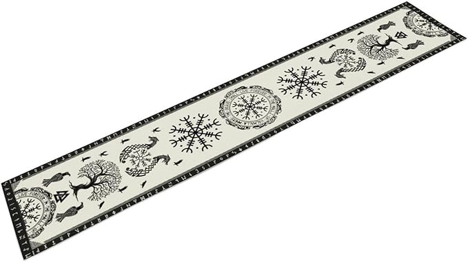 Ancient Abstract Pattern Table Runner, Tree of Life Eagle Dragon Boat Rudder Black and White Table Runner for Party Kitchen Dinner Cafe Bedroom Living Room Outdoor 13x70 Inch