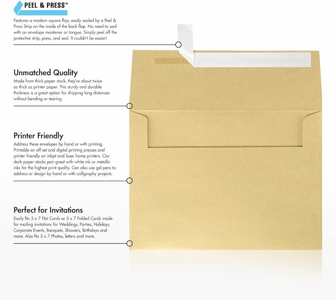 LUXPaper A7 Invitation Envelopes | Peel & Press | 5 1/4" x 7 1/4" | Blonde Metallic | 80lb. Text | 250 Qty