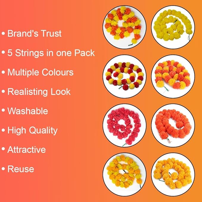 Marigold Garland for Diwali Decorations Pack of 5 - Marigold Artificial Flowers, Indian Marigold Flower Garland for Diwali Decorations (Light Orange Light Yellow | 4 to 4.5 ft) Hashcart®