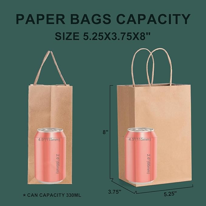 METRONIC Paper Gift Bags 5.25x3.75x8 1000Pcs,Christmas Paper Bag with Handles, Brown Kraft for Small Business, Heavy Duty Bulk for Birthday Party Favors, Shopping, Retail