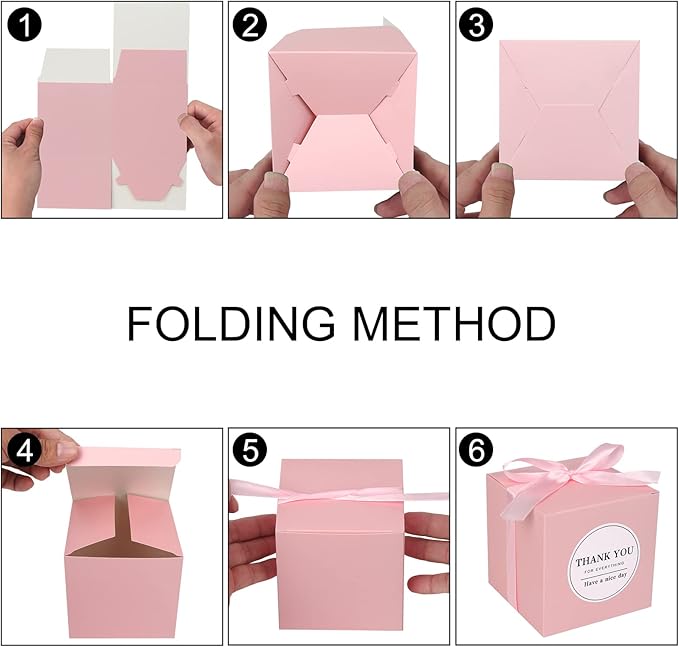 COTOPHER Small Gift Boxes 100 Pack 4x4x4 inches Pink Gift Boxes with Lids for Gifts, Crafting, Wedding Party Favor, Cupcake Boxes, Candy, Bridesmaids Proposal Box with Ribbons and Stickers (Pink, 100