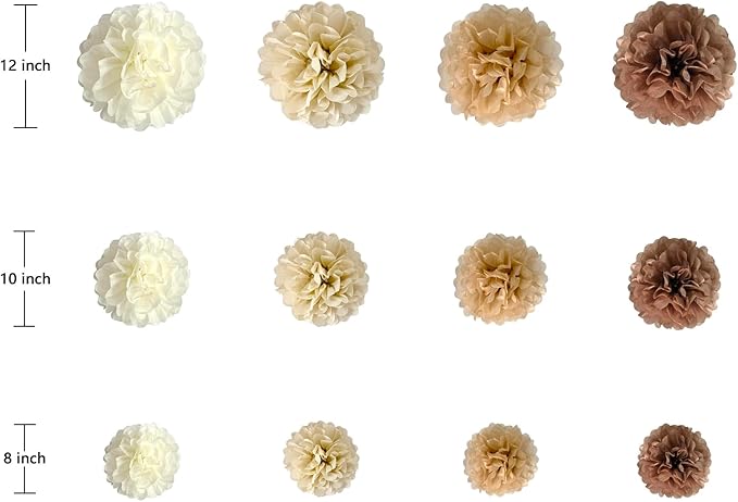 Tissue Paper Pom Poms, 12 Pack in Brown, Beige, Ivory and White