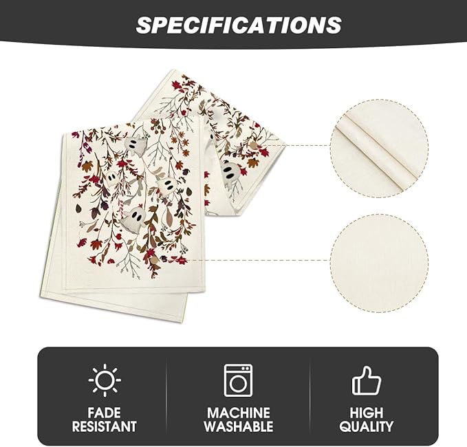 Artoid Mode Ghost Flowers Leaves 210 GSM Halloween Table Runner,Seasonal Fall Kitchen Dining Table Decoration for Home Party Decor 13x72 Inch