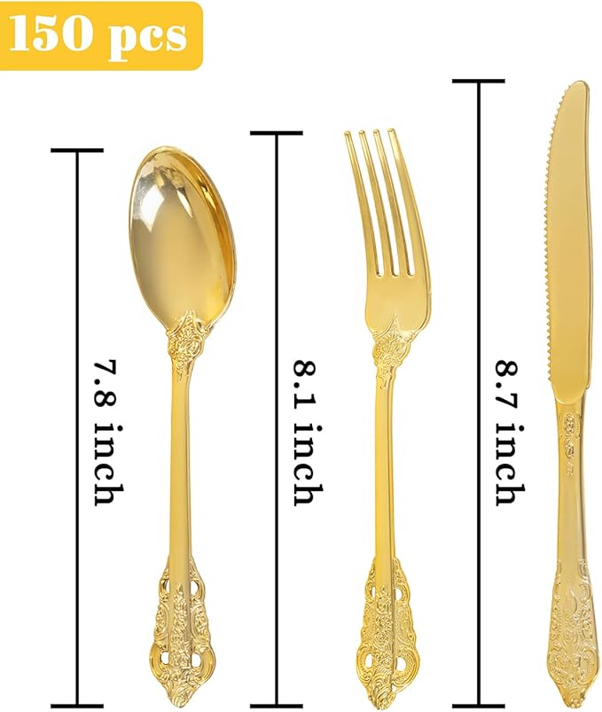 Disposable Gold Plastic Silverware Set, 150 Pieces Heavy-Duty Utensils