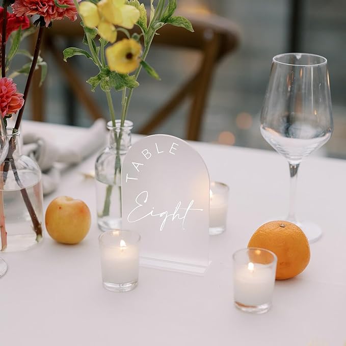 Place Cards: Frosted Acrylic Arch Table Numbers 1-30, White Print