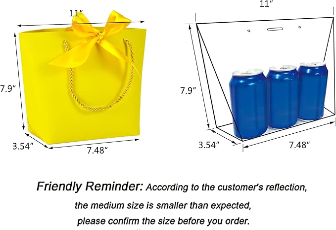 HUAPRINT Gift Bags with Handles,7.48×3.54×7.9 inches,Party Favor Bags with Bow Ribbon,12Pcs Yellow Paper Bags for Birthday Wedding Bridesmaid Present Celebration Holiday