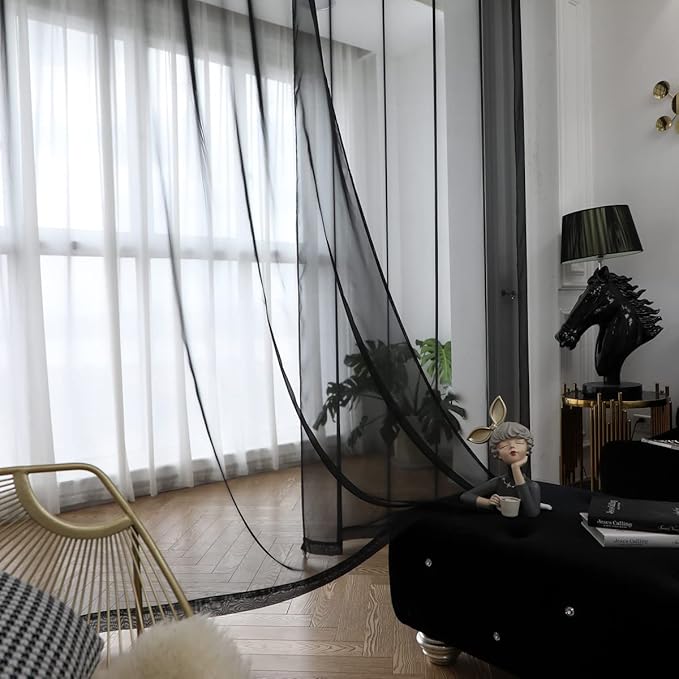 Window Black Sheer Curtains 90 Inches Long 2 Panels Sheer Curtain Basic Rod Pocket Panel for Bedroom Children Living Room Yard Kitchen (Black, 52" W x 90" L | 2 pcs)