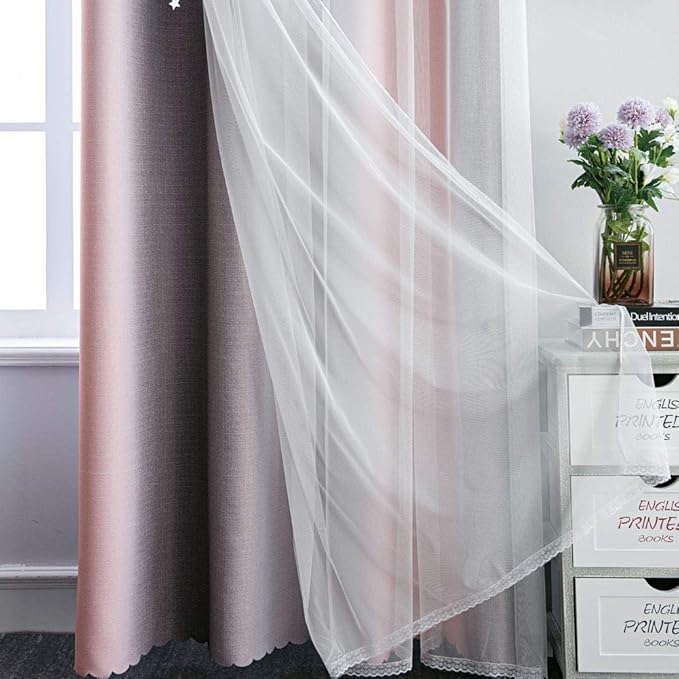 FANLI Ombre Rainbow Blackout Curtains for Kid Girls Bedroom Living Room Darking Stripe Double Layer Star Cut Out Wall Home Decor Gradient Grommet Window Curtains (Pink/Grey, 52W x 72L)