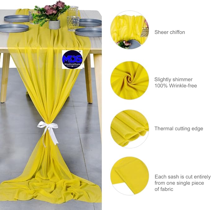 MDS Halloween Chiffon Table Runner - 20 Pack, 29 x 170 Inches, 14ft Each - Sheer Spooky Table Runners for Haunted House Parties, Trick-or-Treat Tables, Witchy Décor, Wedding & Events - Yellow