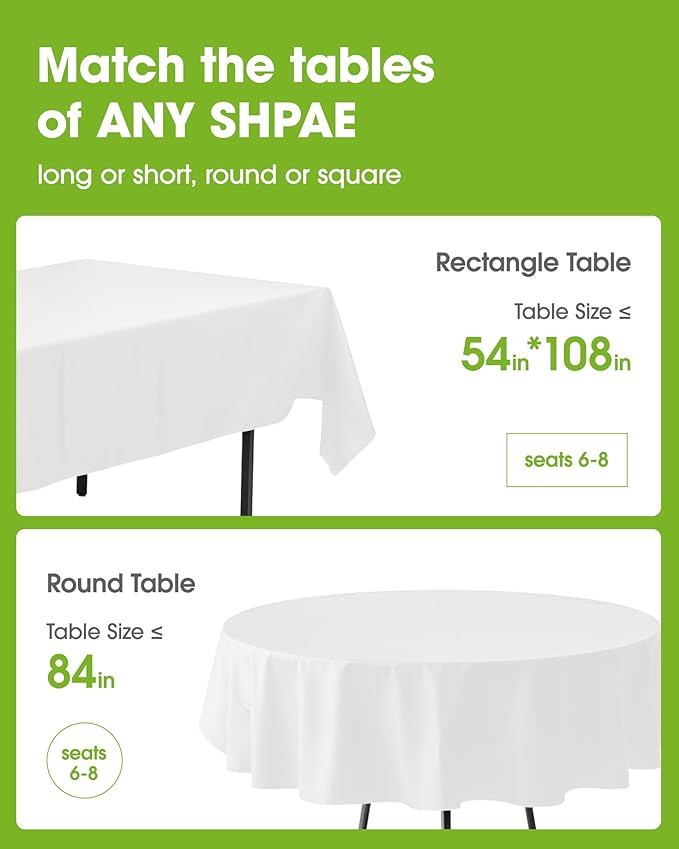 Pureegg Plastic Table Cloth Disposable 10 Pack, 54 x 108 Inch Table Cloths, Party, Picnic, Wedding, Decorative Tablecloths, Rectangle, White Plastic Cover, Leakproof & Sturdy, White