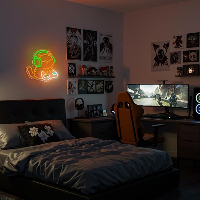 Cat Gamer Neon Sign,Cat with Headphones Led Sign,Neon Signs for Wall Decor,LED Gaming Neon Light for Boys Room,Game Room,Bedroom Decor,Anime Neon Wall Light for Mancave