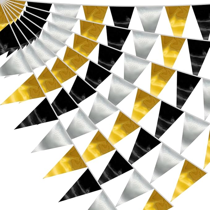 40M/130FT Black Gold Silver Triangle Pennant Banner Flag Metallic Fabric Bunting Garland for Christmas Wall Hanging,Graduation Decorations, New Years Decorations,Father' Da