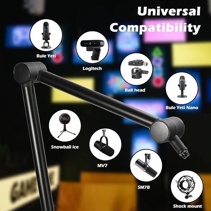BOMGE Boom Arm Mic Stand - Adjustable Heavy Duty Suspension Boom Scissor Arm Stand with Cable Management Channels, Desk Clamp for Podcasts, Streaming, Gaming, Home Office, Recording (Black)