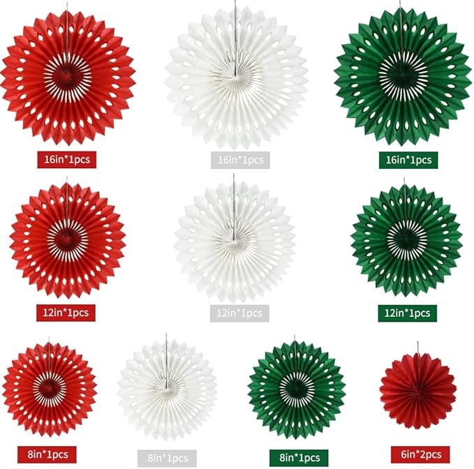 BEISHIDA Red Green White Hanging Tissue Honeycomb Round Paper Fans Decor Kit for Christmas Birthday Girl Kid Shower Bachelorette Wedding Backdrops Anniversary Party Supplies（11 Packs）
