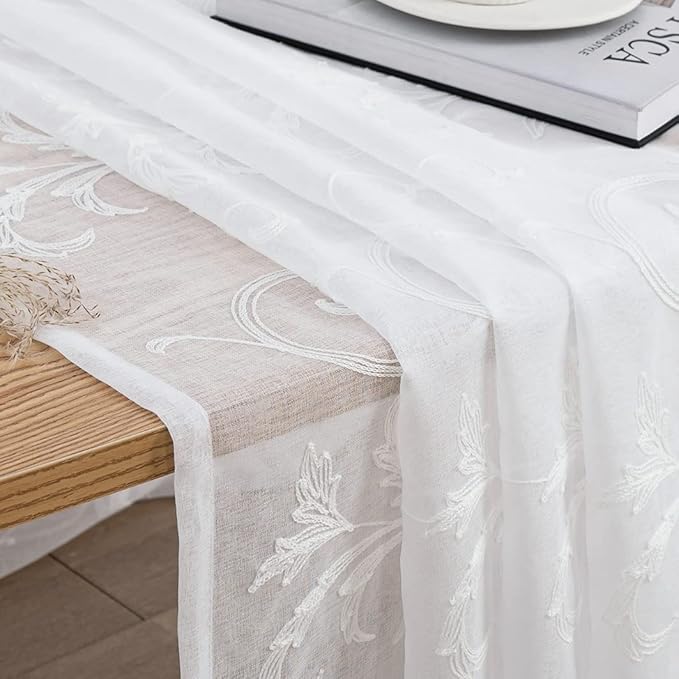 Sheer Curtains White 63 Inch Embroidered Floral, Rod Pocket Voile Drapes for Living room, Bedroom, Vintage Embroidered Semi Crinkle Curtain Panels for Yard, Patio, Villa, Parlor, Set of 2, 52"x 63".