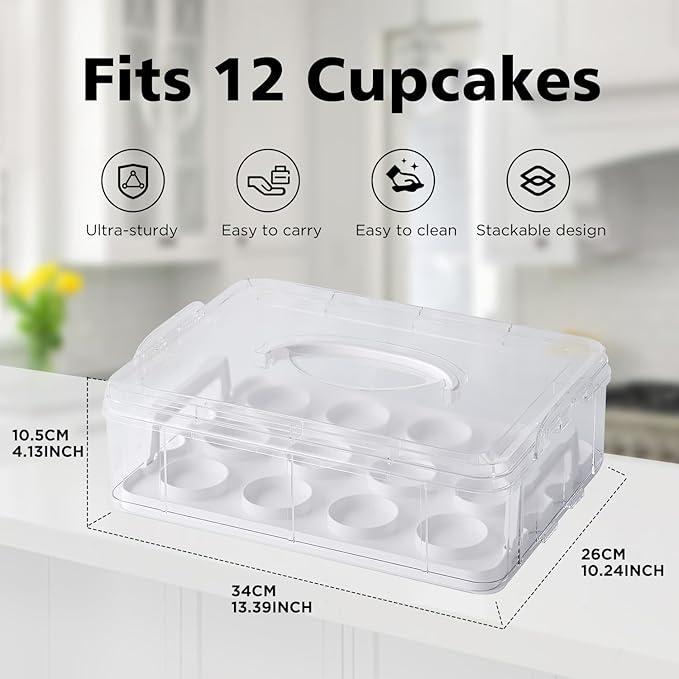 Cupcake Carrier with Lid and Handle,Cookie, Cake, Cupcake and Brownie Storage Carrier, Holds 12 Standard Cupcakes