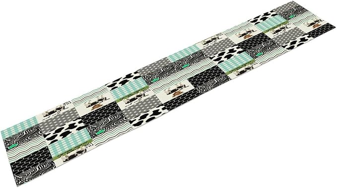 Cute Cow Print Table Runner,Farm Animals Honeycomb Plaid Stripes Cowhide Pattern Tablecloth Burlap for Hotel Indoors Outdoor Dining Room Kitchen Table Decor, 13x108in