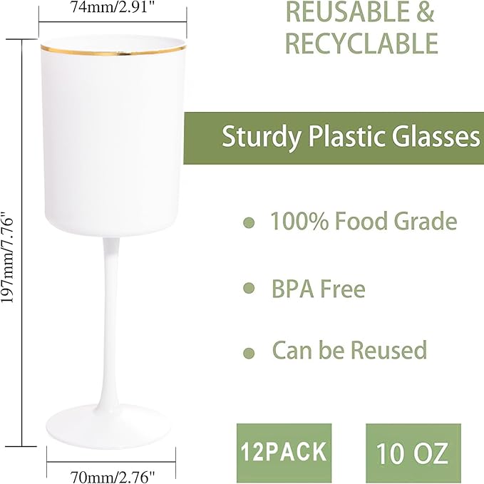 Ciaell 12 Pack White Plastic Wine Glasses with Stem - 10 Oz White and Gold Disposable Wine Glasses for Parties & Weddings & Poolside & Toasting & Outdoors & Graduation