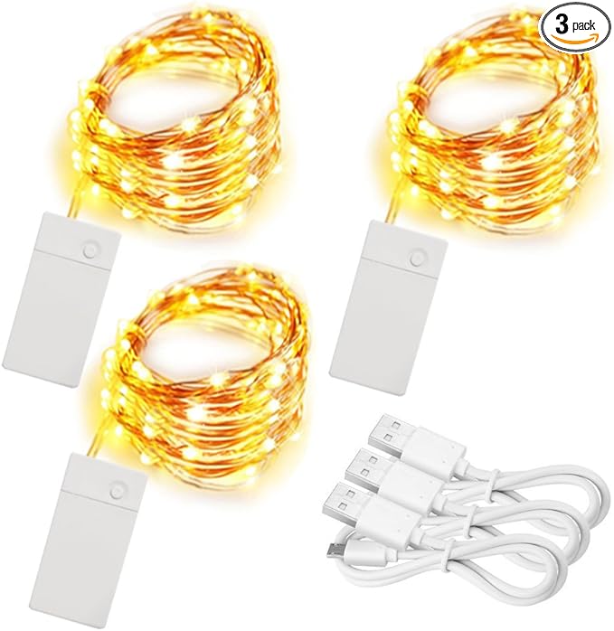 3 Pack Rechargeable String Fairy Lights 10ft 30 LED, 4 Modes Copper Wire Christmas Starry Lighting, Waterproof Micro Firefly Moon Light, Warm White, Battery and USB Cable Included