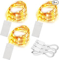 3 Pack Rechargeable String Fairy Lights 10ft 30 LED, 4 Modes Copper Wire Christmas Starry Lighting, Waterproof Micro Firefly Moon Light, Warm White, Battery and USB Cable Included