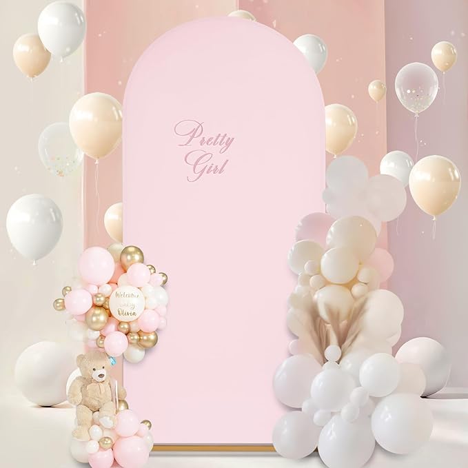SoarDream 7.2FT Wedding Arch Cover Pink Spandex Fitted Wedding Arch Stand Covers Fitted for Round Top Chiara Arch Cover Fabric Stretchy Backdrop for Bridal Baby Shower Birthday Party Balloon Decor