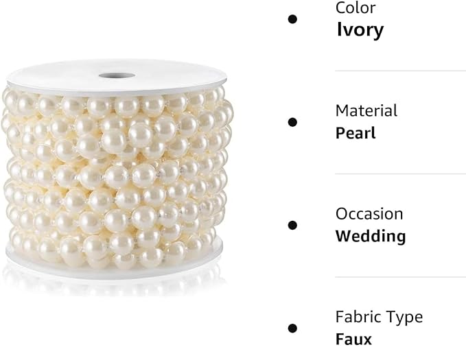 Half-Round Pearl Bead Garland String 11 Yards, 10MM Flat Pearl Beaded Spool Roll Crafts for Wedding Party Decoration (Ivory)