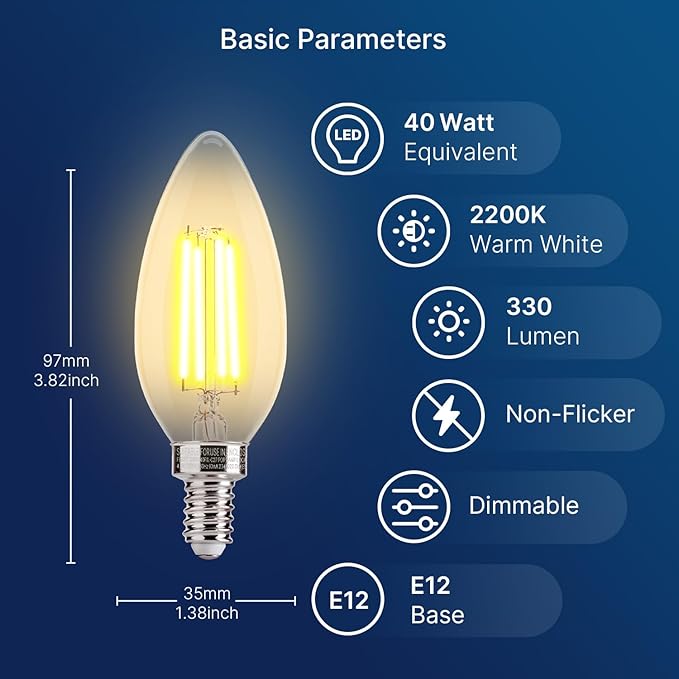 FLSNT Amber LED Candelabra Light Bulbs 40W Equivalent, B11 E12 LED Chandelier Bulbs, 2200K Warm White, Dimmable, 330LM, 48 Pack UL,CA65 Listed.