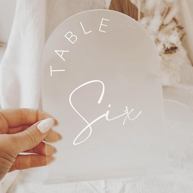 Table Number Signs 1-25 Frosted Acrylic Arch Design with Stands