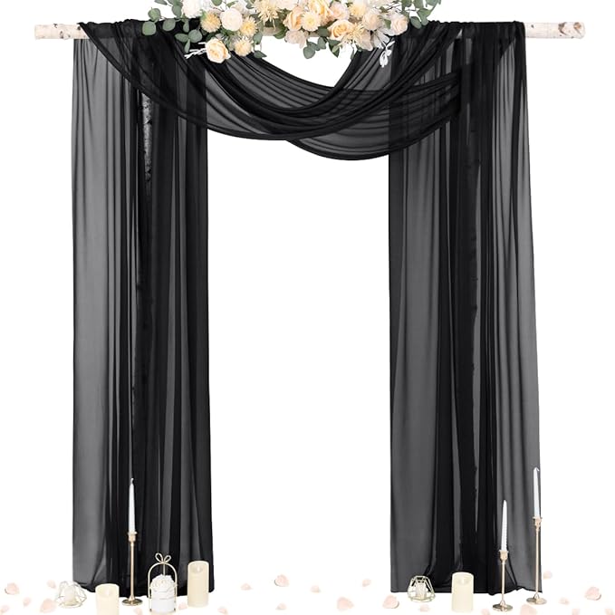 Outdoor Curtains - Black Sheer Chiffon Arch Drapes, 4 Panels at 29 x 20 Ft