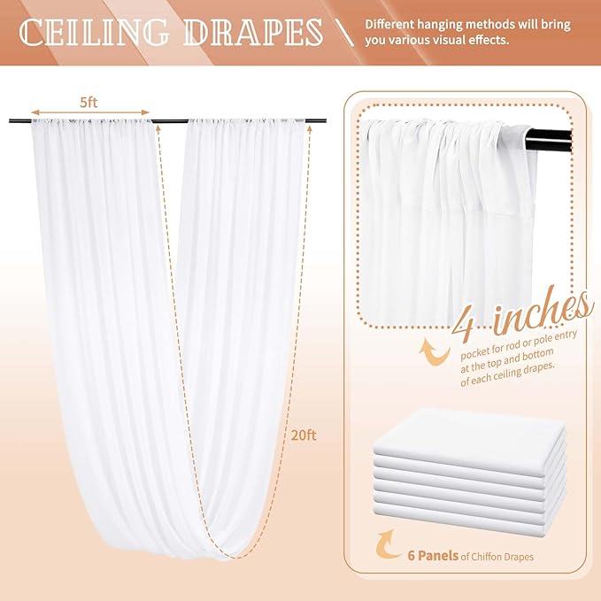 6 Panels White Ceiling Drapes for Wedding 5ftx20ft Sheer Drapery Chiffon Fabric Arch Draping Curtains for Party Ceremony Birthday Baby Shower Reception Stage Ceiling Decorations