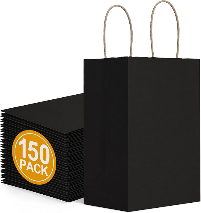 Small Black Paper Gift Bags, 150 Count, 5.25 x 3 x 8 Inch with Handles