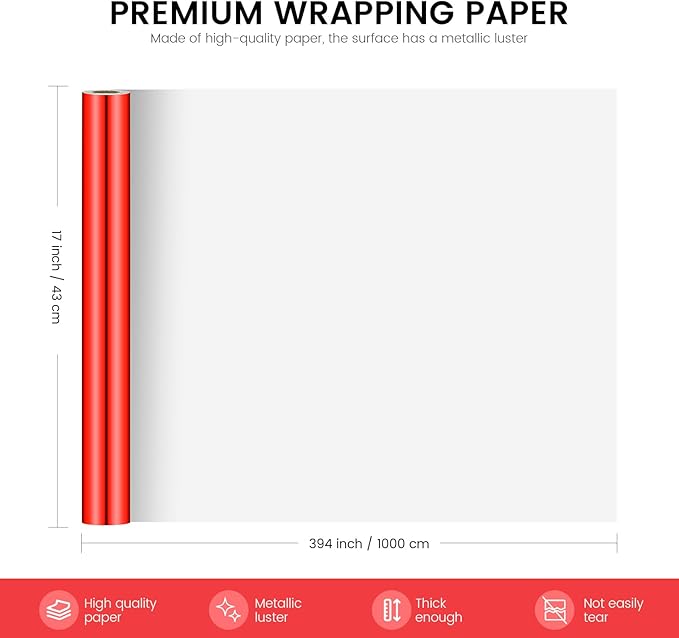 KMER LIFE Metallic Wrapping Paper Roll 17 x 394 inch for Birthday, Christmas, Baby Shower, Valentines, Wedding, Holiday - Premium Gift Wrap (Red)