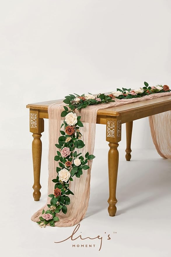 Ling's moment 5FT Artificial Flower Garland Rust Rose Leaves Floral Garland Ivory Arch Flowers Vine for Wedding Party Backdrop Decor Mantel Home Table Centerpieces Wall Decorations Terracotta