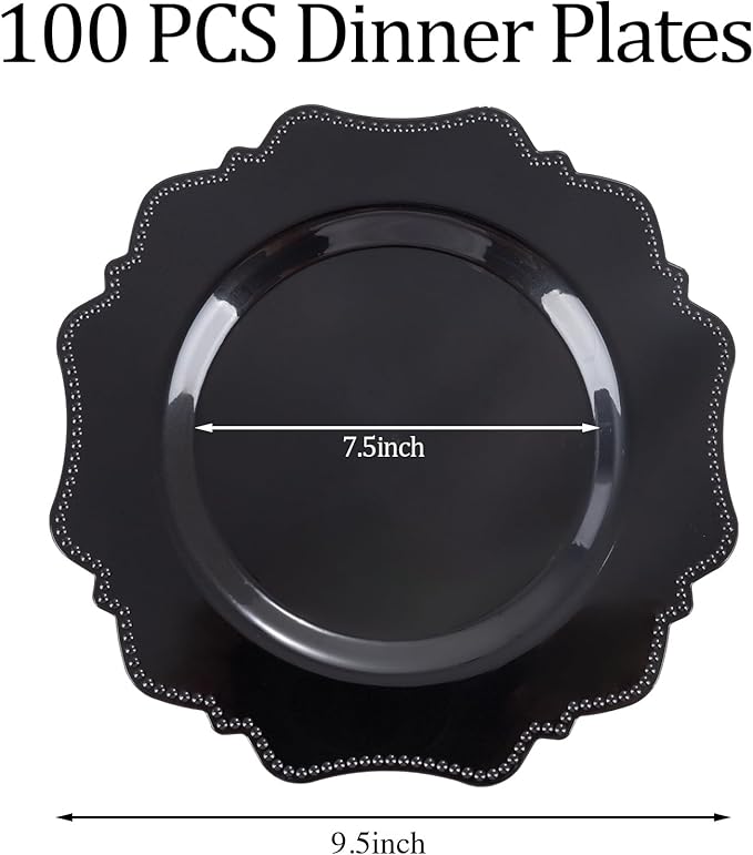 Black Disposable Plastic Dinner Plates, 9.5 Inch, 100 Count