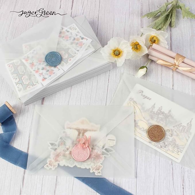 50 Pack 5x7 Vellum Envelopes Letter Size, A7 Translucent Glassine Envelopes for Wedding Invitation, Envelope 5.4x7.6 for Thank You Cards, Birthday Greeting, Lottery Ticket, Stamp Collecting