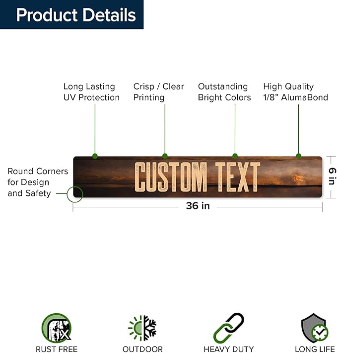 Custom Sign, Custom Street Sign, 11 Font Colors, 13 Font Styles, 4 Hole Options, 22 Sizes, 6x36 Inches, Rust Free DiBound, Fade Resistant, Made in USA by My Sign Center (Vintage Wood)
