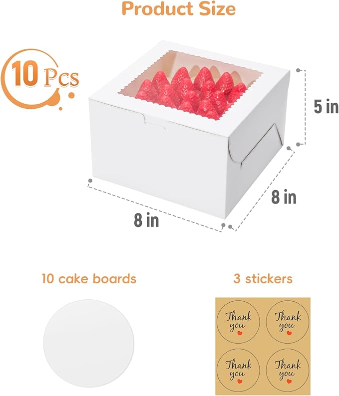 Bakery Take Out Containers with Window, 8x8x5 Inch, 10 Boxes, White