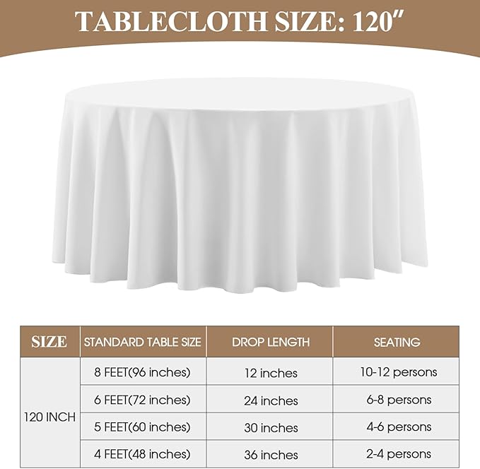 Round Polyester Tablecloths, 120 Inch White, Machine Washable, 6 Pack