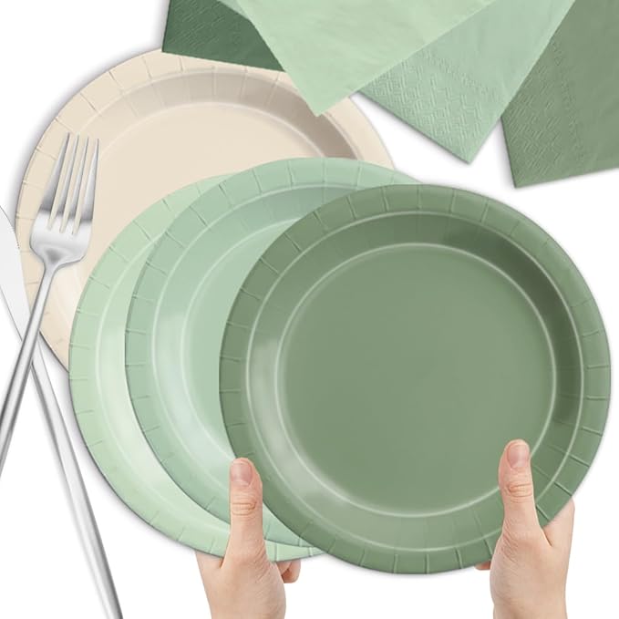 Party Packs - 60 Piece Sage Green Gradient Paper Plates and Napkins Set