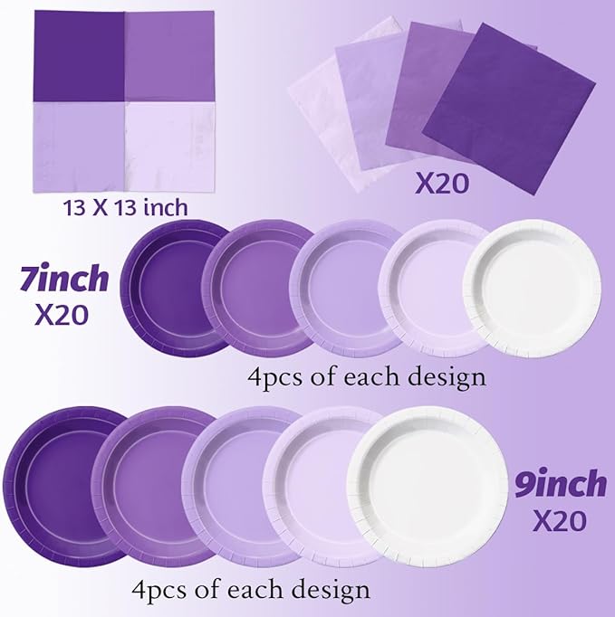 Party Pack Purple Gradient Paper Plates and Napkins, 60 Pieces