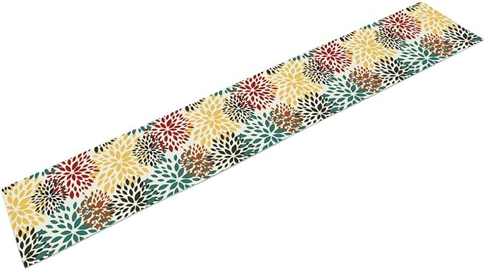Green Red Dahlia Flower Table Runner Chrysanthemum Geometric Kitchen Dining Bedroom Living Room Table Decor for Indoor Outdoor Home Party, 13x120 Inch