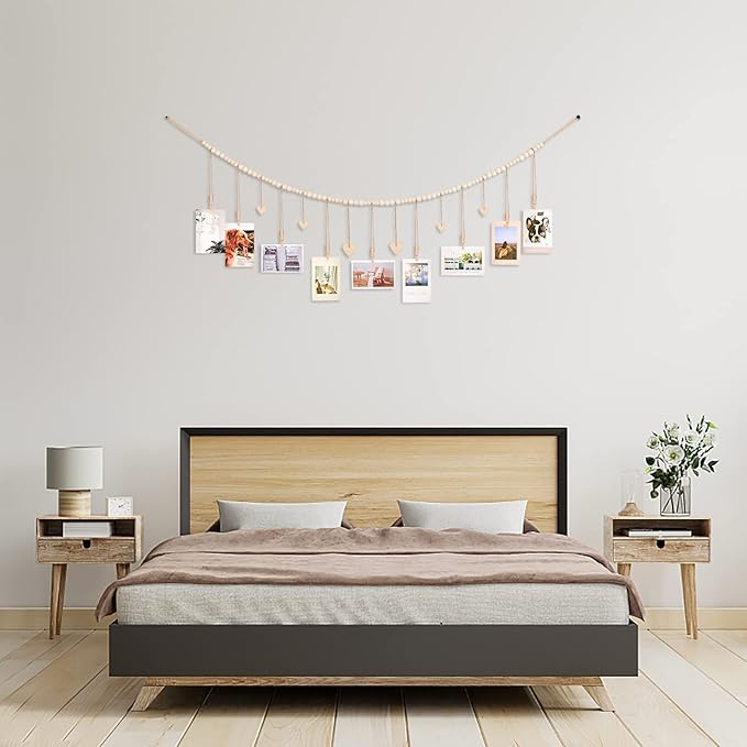 Hanging Photo Display Room Wall Decor, Boho Collage Picture Frame Christmas Cards Holder with 9 Wood Clips and 6 Wooden Hearts Tags, Xmas Card Display for Bedroom, Office, Nursery, Dorm Decor, 2 Pack