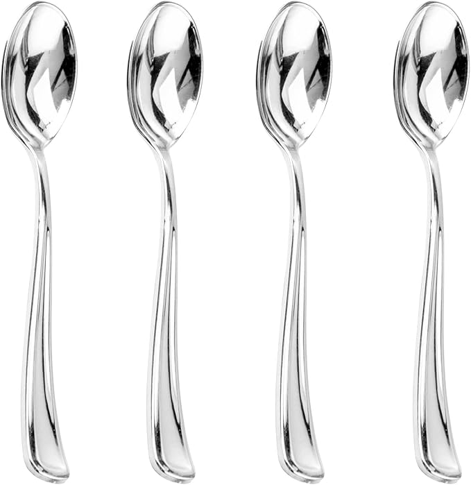 Silver Plastic Spoons, 200 Count Heavy-Duty Disposable Dessert Spoons