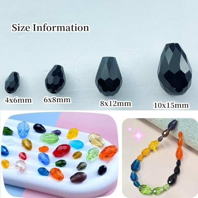 200pcs 4x6mm Teardrop Crystal Glass Beads Vertical Hole Faceted Glass Teardrop Spacer Beads for Bracelets Necklace Earring DIY Jewelry Making Craft(Black)