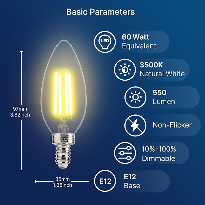 FLSNT 60W Equivalent LED Chandelier Light Bulbs, Dimmable LED B11 E12 Candelabra Base Bulbs, 3500K Natural White, 550LM, 6 Pack UL,CA65 Listed.