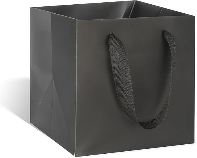 Gift Bags, 12x12 Inch Black Square Bottom Paper Bags with Handles, Pack of 10