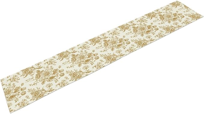 Retro Floral Table Runner, Golden White Wildfloral Sketch Print Kitchen Dinning Table Runner for Indoor Outdoor Home Wedding Party Holiday, 13x36 Inch