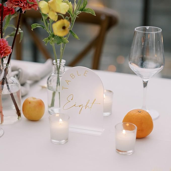 JINMURY Frosted Arch Wedding Table Numbers 1-15 with Stands, 5x7 Inch Acrylic Arch Sign with Golden Lettering, Frosted Acrylic Table Numbers for Wedding Reception
