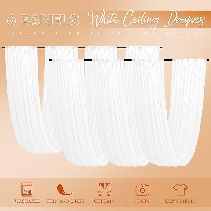 6-Panel White Ceiling Drapes - 5ftx40ft Sheer Curtains for Wedding Arch & Stage Decorations