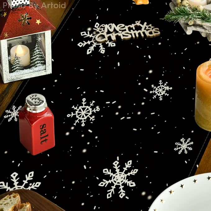 Artoid Mode Black Snowman Snowflake Let it Snow Winter Table Runner, Christmas Kitchen Dining Table Decoration for Home Party Decor 13x90 Inch